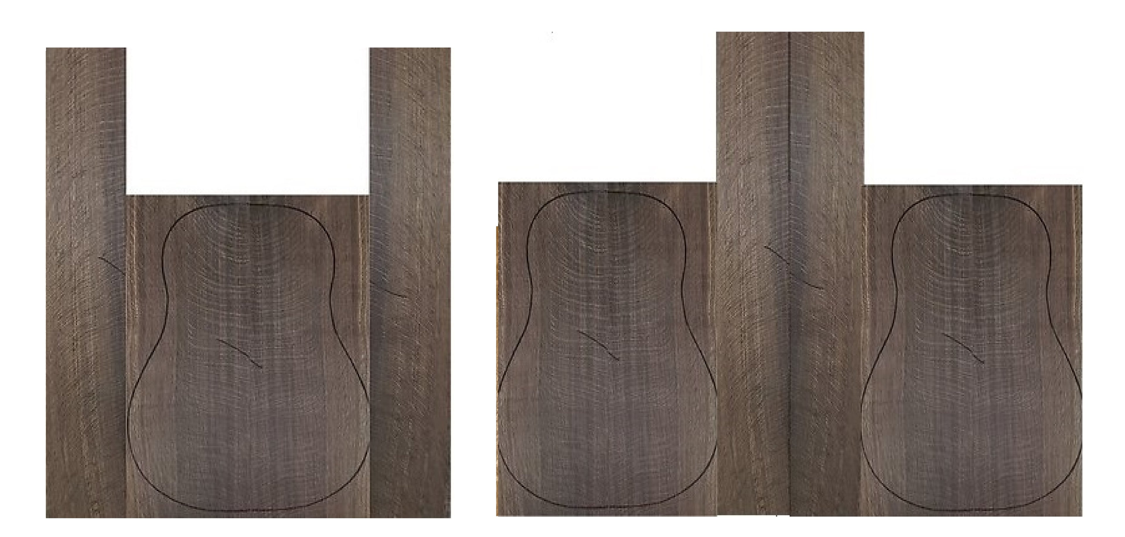 Antique Dark Oak ukulele Concert/Tenor sets — back & sides   set (left) and back, sides & Top set (right) showing distinctive medullary ray figuring — Keystone Tonewoods UK