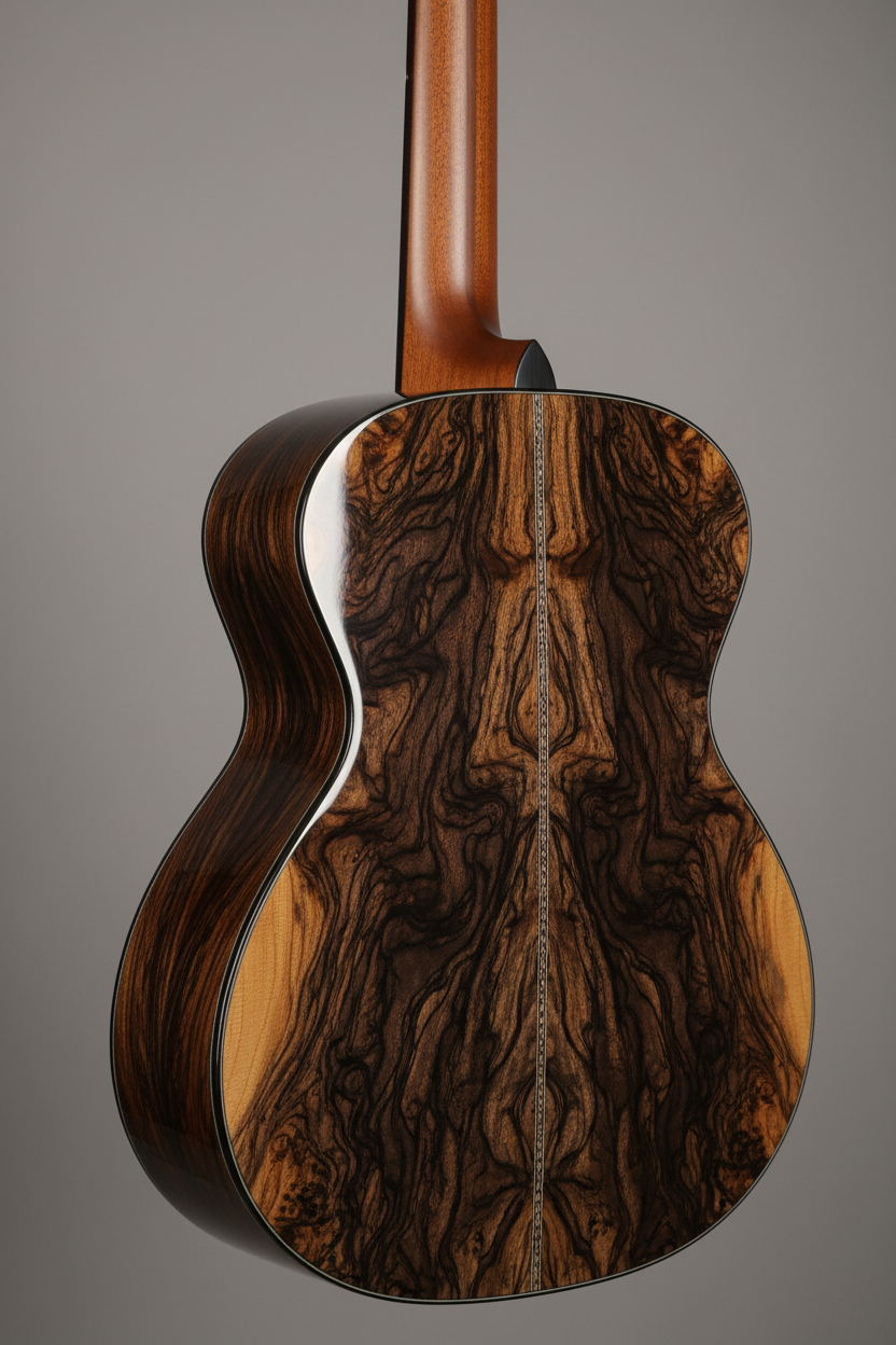 Acoustic guitar back view showing ziricote back and sides