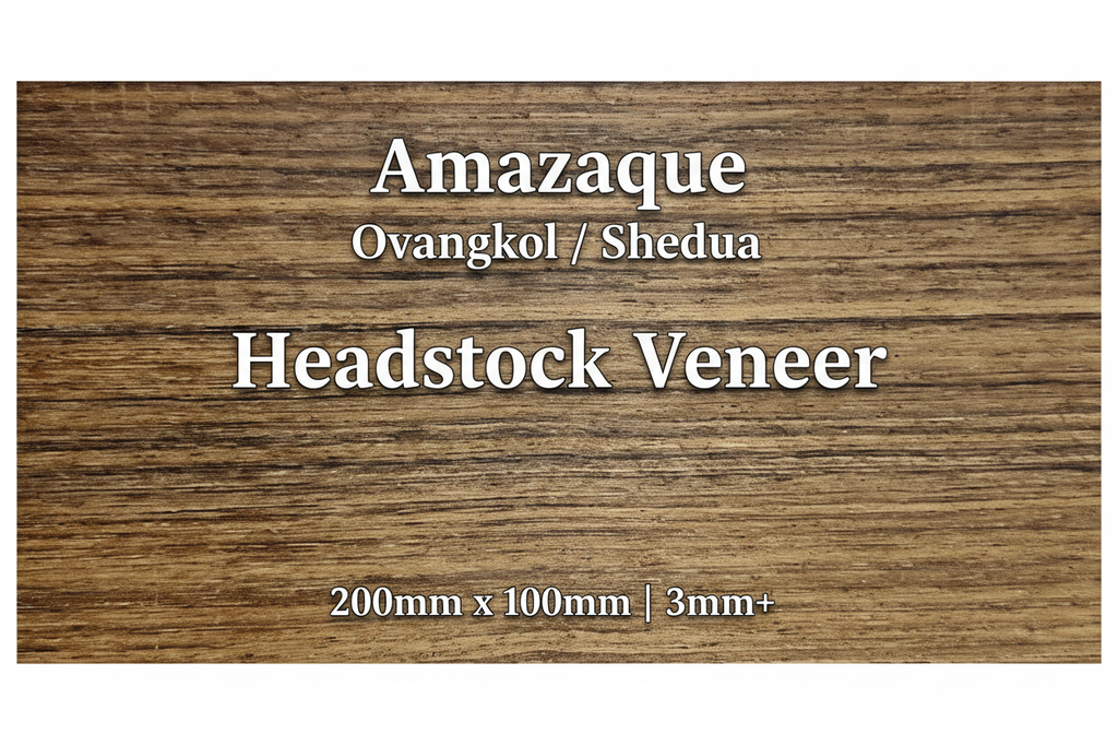 Amazaque Ovangkol Shedua Headstock Veneer with Text Overlay