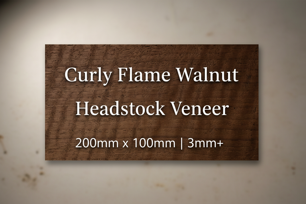 Curly Flame Walnut Headstock Veneer with Text Overlay