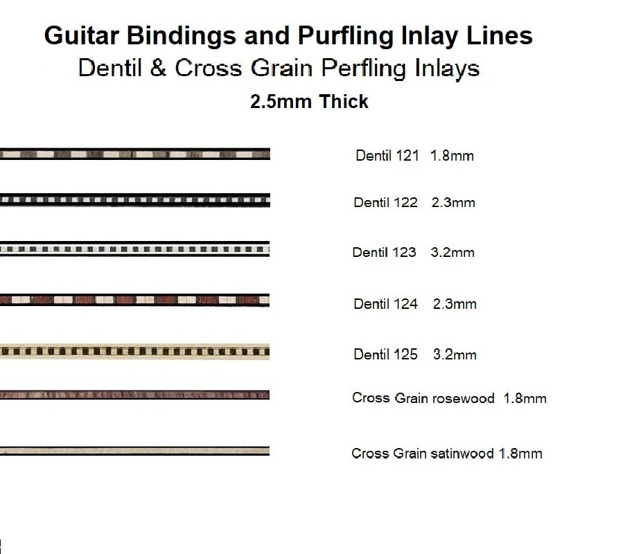 Traditional dentil and cross grain purfling inlays for guitar building - precision-cut decorative binding strips with vintage detail