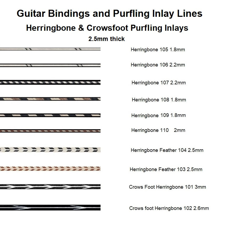 Classic herringbone and crows foot decorative inlays for traditional guitar rosettes, body purfling and binding - premium quality luthier supplies with intricate geometric patterns in natural wood