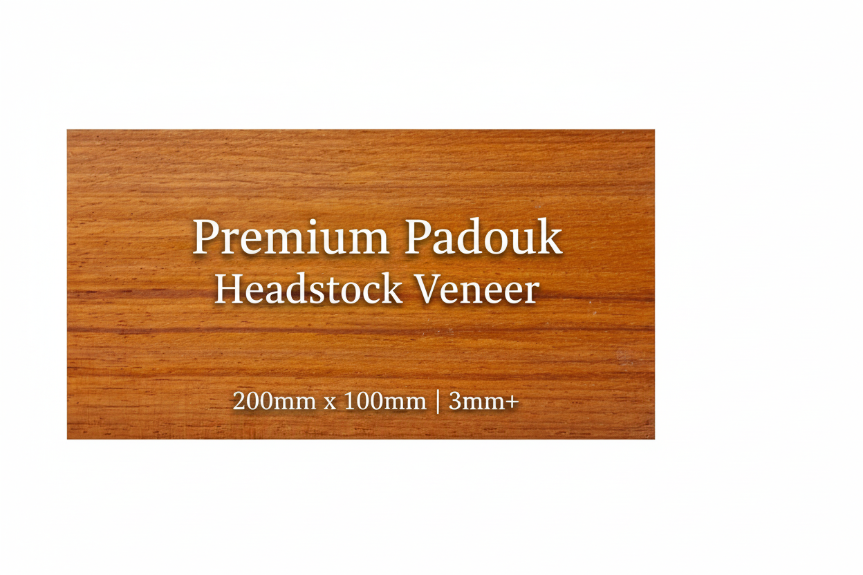Premium Padouk guitar headstock veneer showing vibrant reddish-orange colouration, 200mm x 100mm, minimum 3mm thickness
