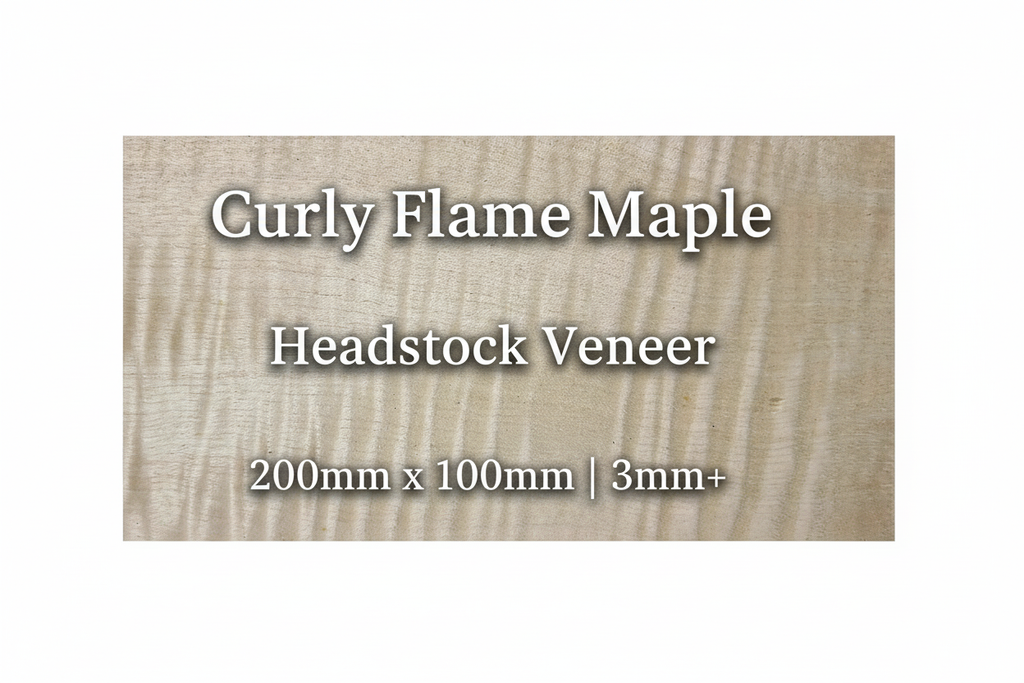 Curly Flame Maple guitar headstock veneer with product specifications - 200mm x 100mm, 3mm+ thick, professional luthier supplies