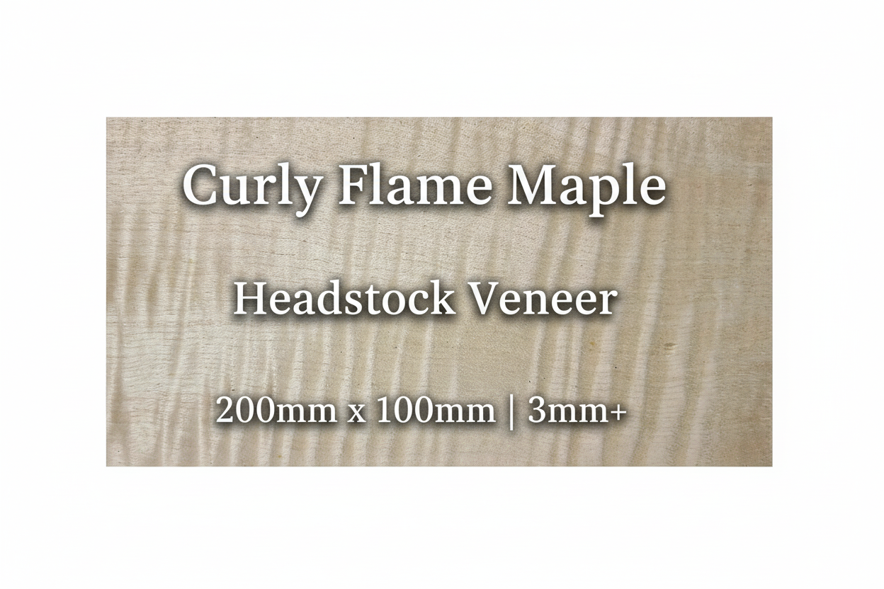 Curly Flame Maple guitar headstock veneer with product specifications - 200mm x 100mm, 3mm+ thick, professional luthier supplies