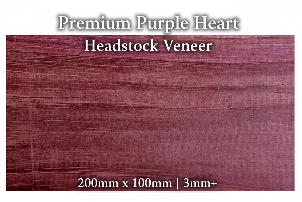 Premium Purple Heart guitar headstock veneer showing vibrant purple colouration, 200mm x 100mm, minimum 3mm thickness