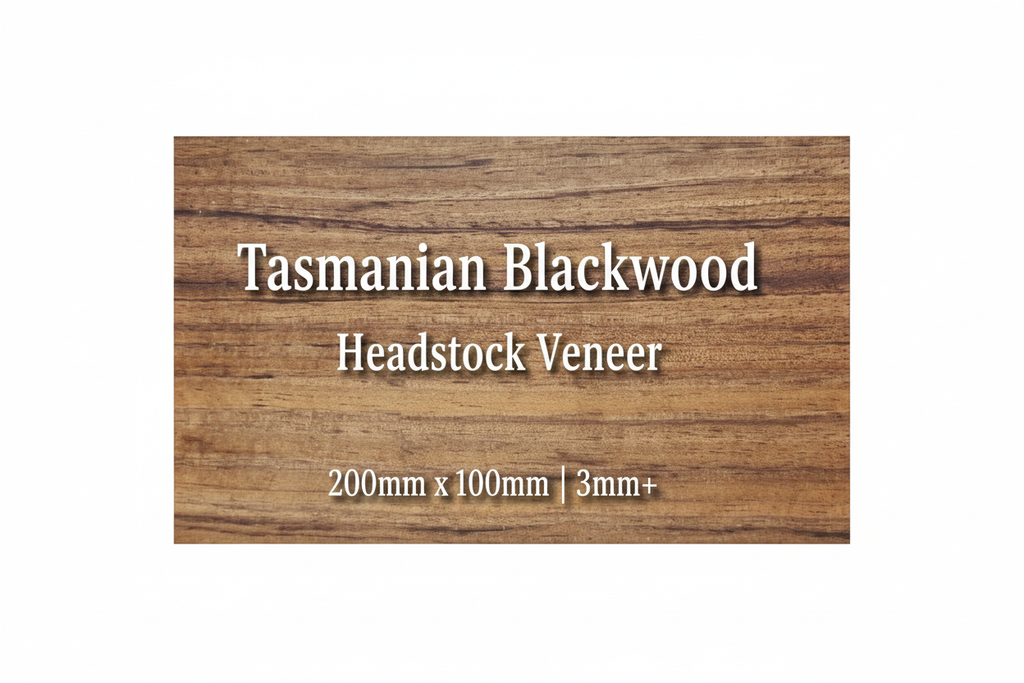 Tasmanian Blackwood guitar headstock veneer with product specifications - 200mm x 100mm, 3mm+ thick, professional luthier supplies