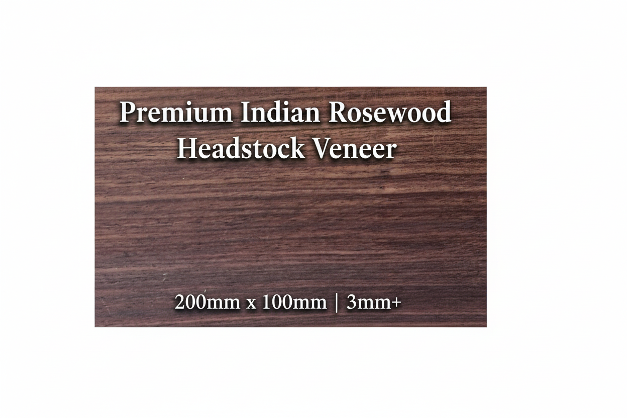 Premium Indian Rosewood guitar headstock veneer showing rich chocolate-brown colouration and distinctive grain patterns, 200mm x 100mm, minimum 3mm thickness
