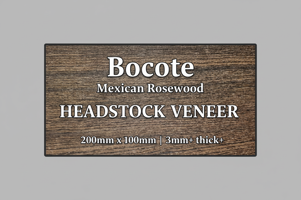 Bocote Mexican Rosewood guitar headstock veneer with product specifications - 200mm x 100mm, 3mm+ thick, professional luthier supplies