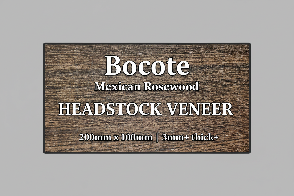 Bocote Mexican Rosewood guitar headstock veneer with product specifications - 200mm x 100mm, 3mm+ thick, professional luthier supplies