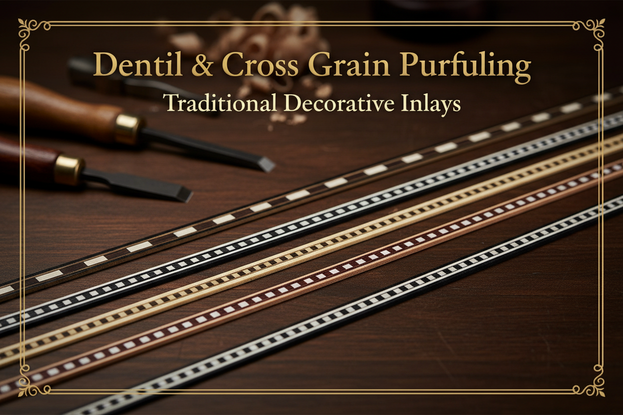Dentil and cross grain purfling inlays showing traditional decorative patterns for guitar binding and rosette work