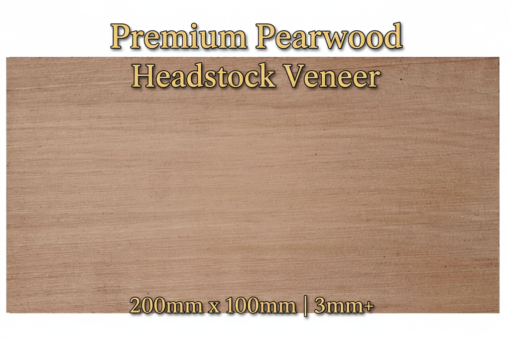 Premium Pearwood guitar headstock veneer showing fine even grain and warm colouration, 200mm x 100mm, minimum 3mm thickness