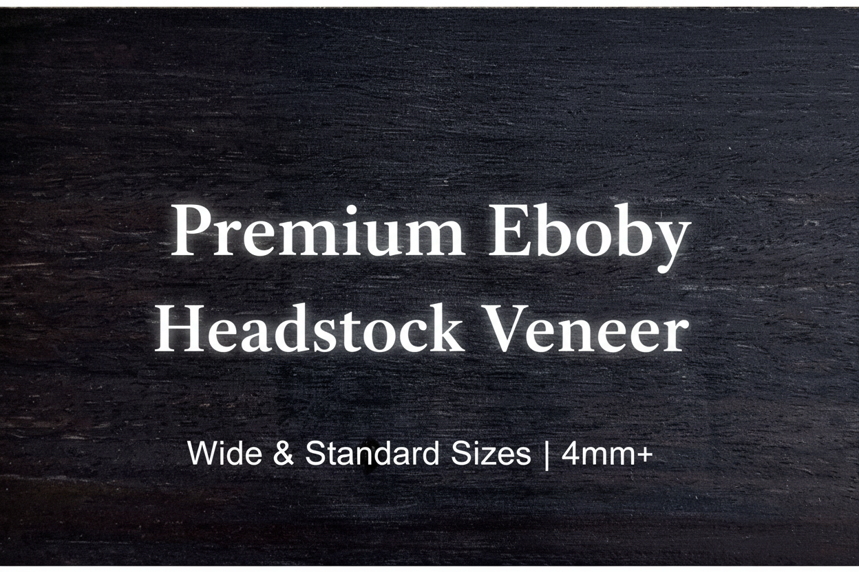 Premium Ebony guitar headstock veneer showing deep black colouration and fine grain, available in wide and standard sizes, minimum 4mm thickness
