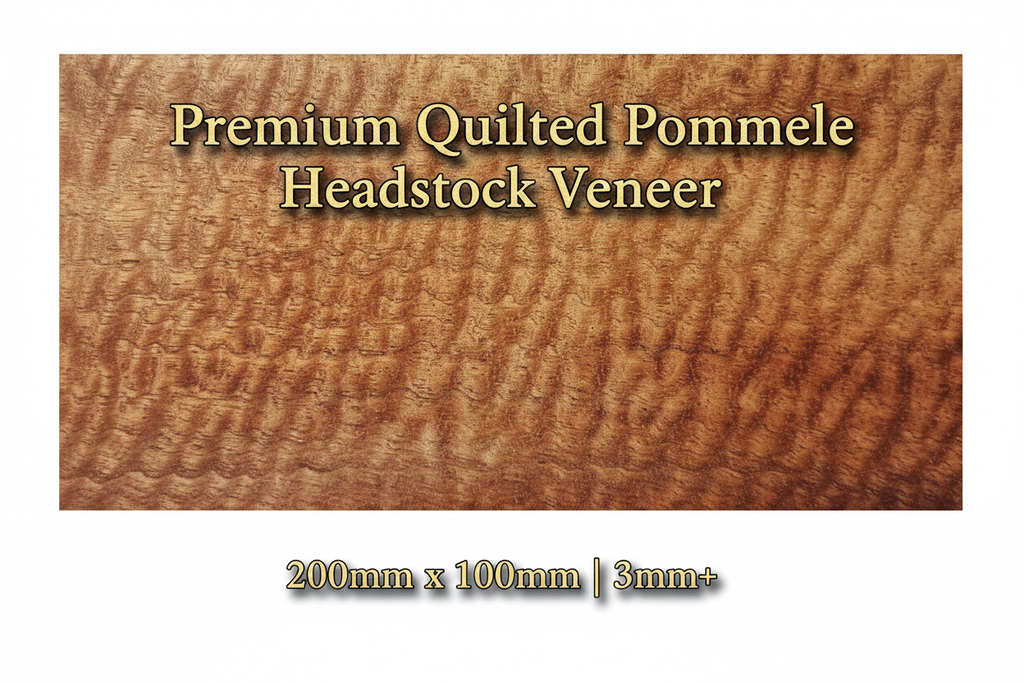 Premium Quilted Pommele guitar headstock veneer showing rare combination of quilted and pommele figure, 200mm x 100mm, minimum 3mm thickness