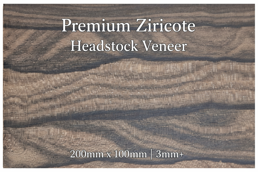 Premium Ziricote guitar headstock veneer showing spectacular spider-web grain patterns and rich dark colouration, 200mm x 100mm, minimum 3mm thickness