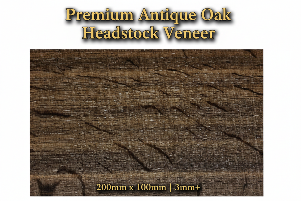 PremiumAntique Oak guitar headstock veneer showing distinctive medullary rays and rich aged character, 200mm x 100mm x 3mm thick