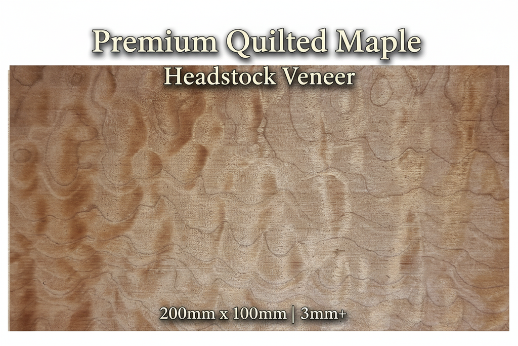 Premium Quilted Maple guitar headstock veneer showing stunning three-dimensional quilted figure, 200mm x 100mm, minimum 3mm thickness