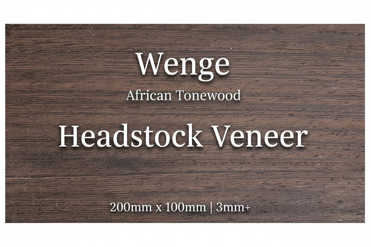 Wenge African tonewood guitar headstock veneer with product specifications - 200mm x 100mm, 3mm+ thick, professional luthier supplies