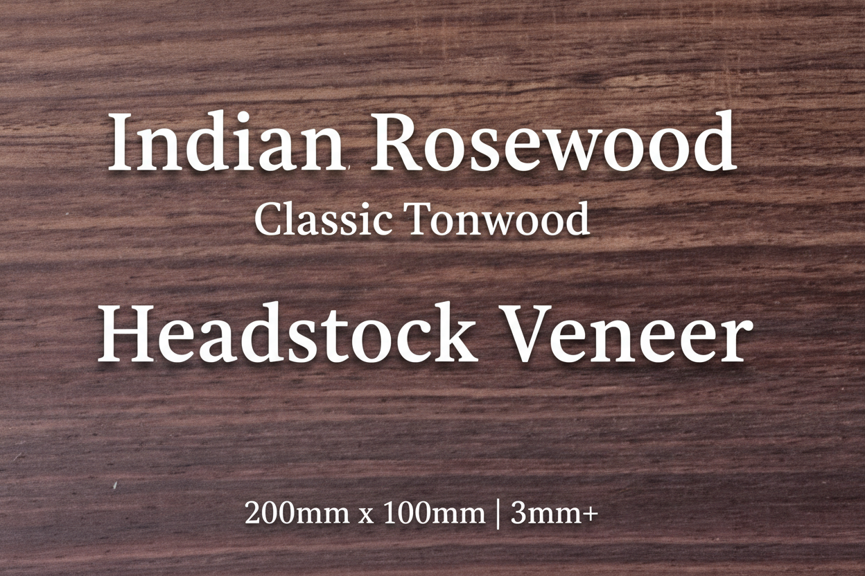 Indian Rosewood Classic Tonewood Headstock Veneer with Text Overlay