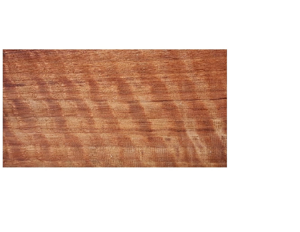 Curly Figured Jarrah guitar headstock veneer showing spectacular curly figure and rich reddish-brown colouration, 200mm x 100mm x 3mm thick