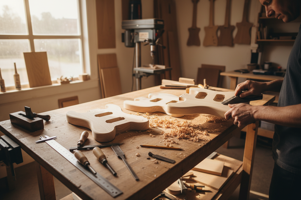 Workshop with Swamp Ash Body Blanks. Luthiers supplies Tonewoods.