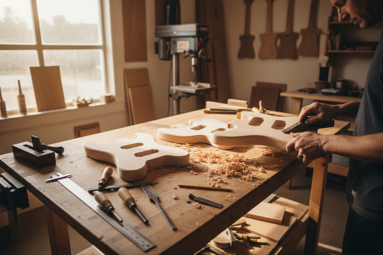 Workshop with Swamp Ash Body Blanks. Luthiers supplies Tonewoods.