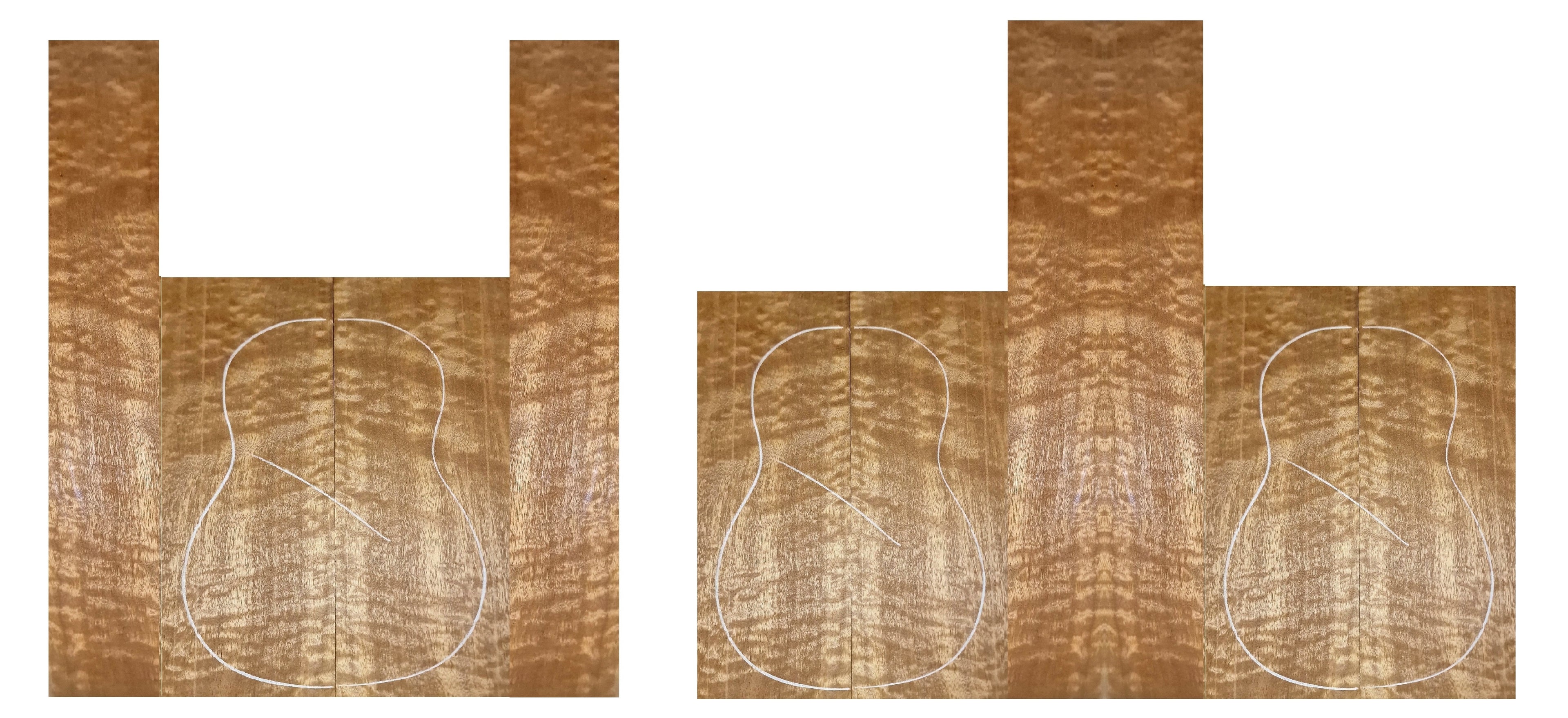 quilted Pomelle Ukulele Back & sides sets on left.  quilted Pomelle Ukulele Back, sides & Top sets on right.