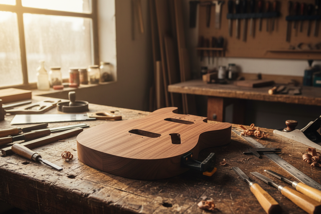Quarter-sawn mahogany body blank being worked on in luthier workshop
