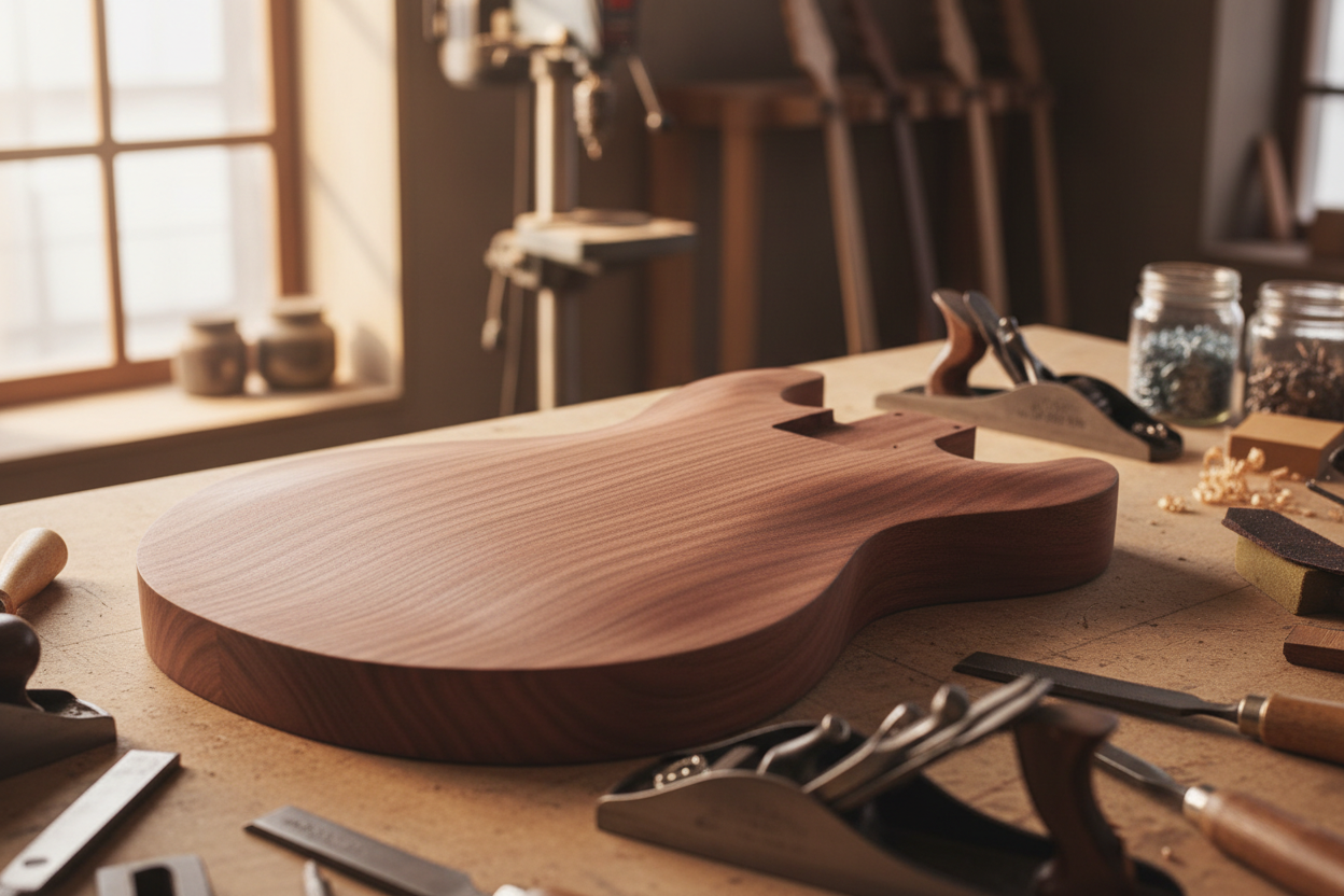 Quarter-sawn mahogany contoured guitar body on workbench