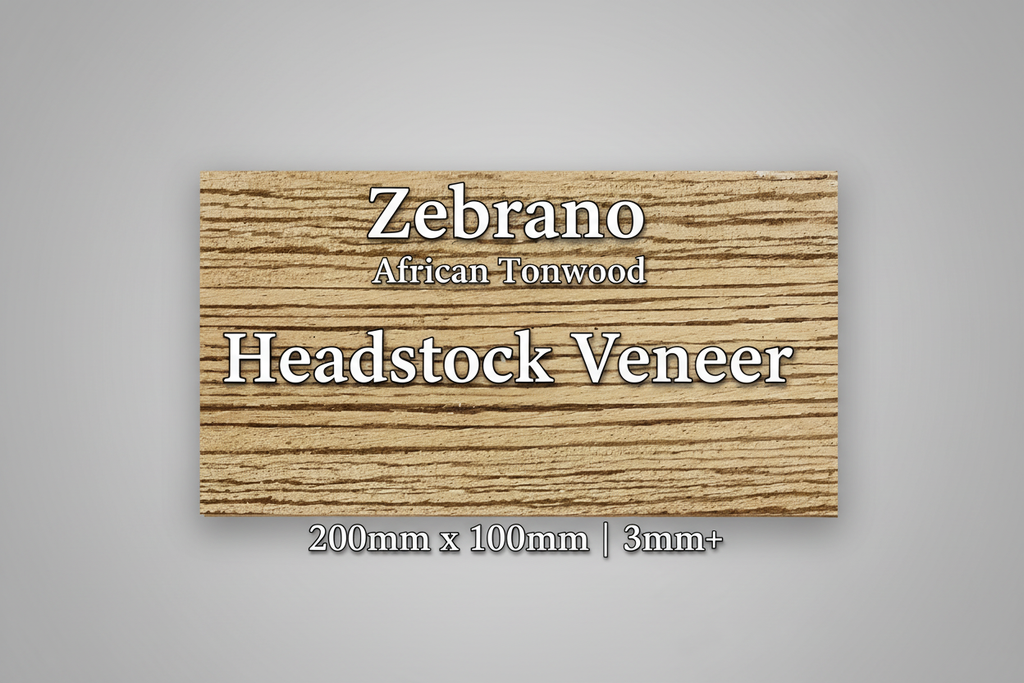 Zebrano African Tonewood Headstock Veneer with Text Overlay