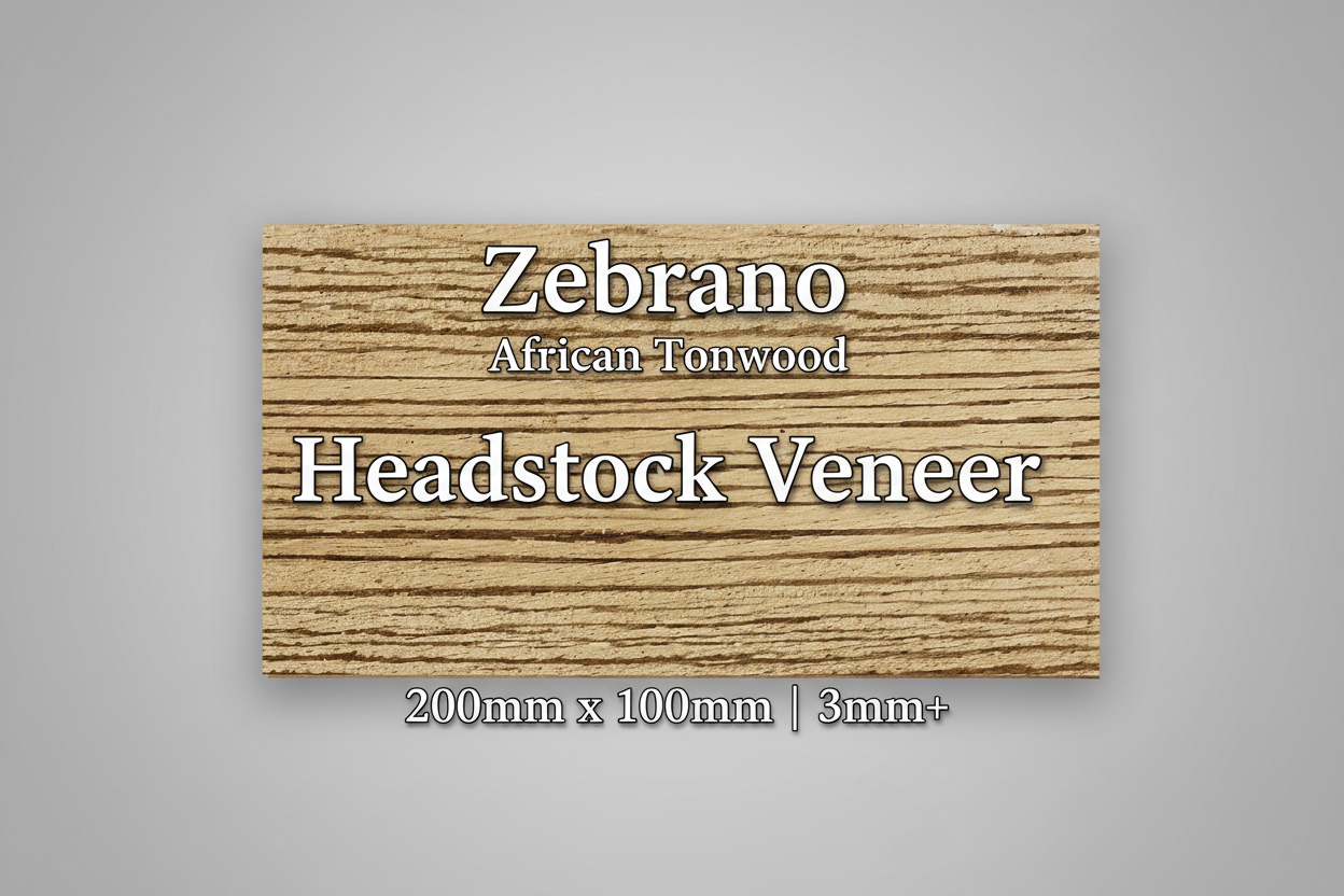 Zebrano African Tonewood Headstock Veneer with Text Overlay