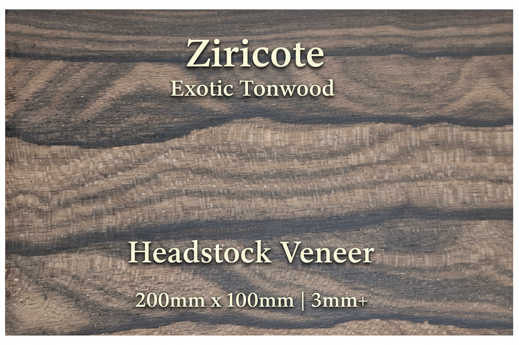 Ziricote Exotic Tonewood Headstock Veneer with Text Overlay