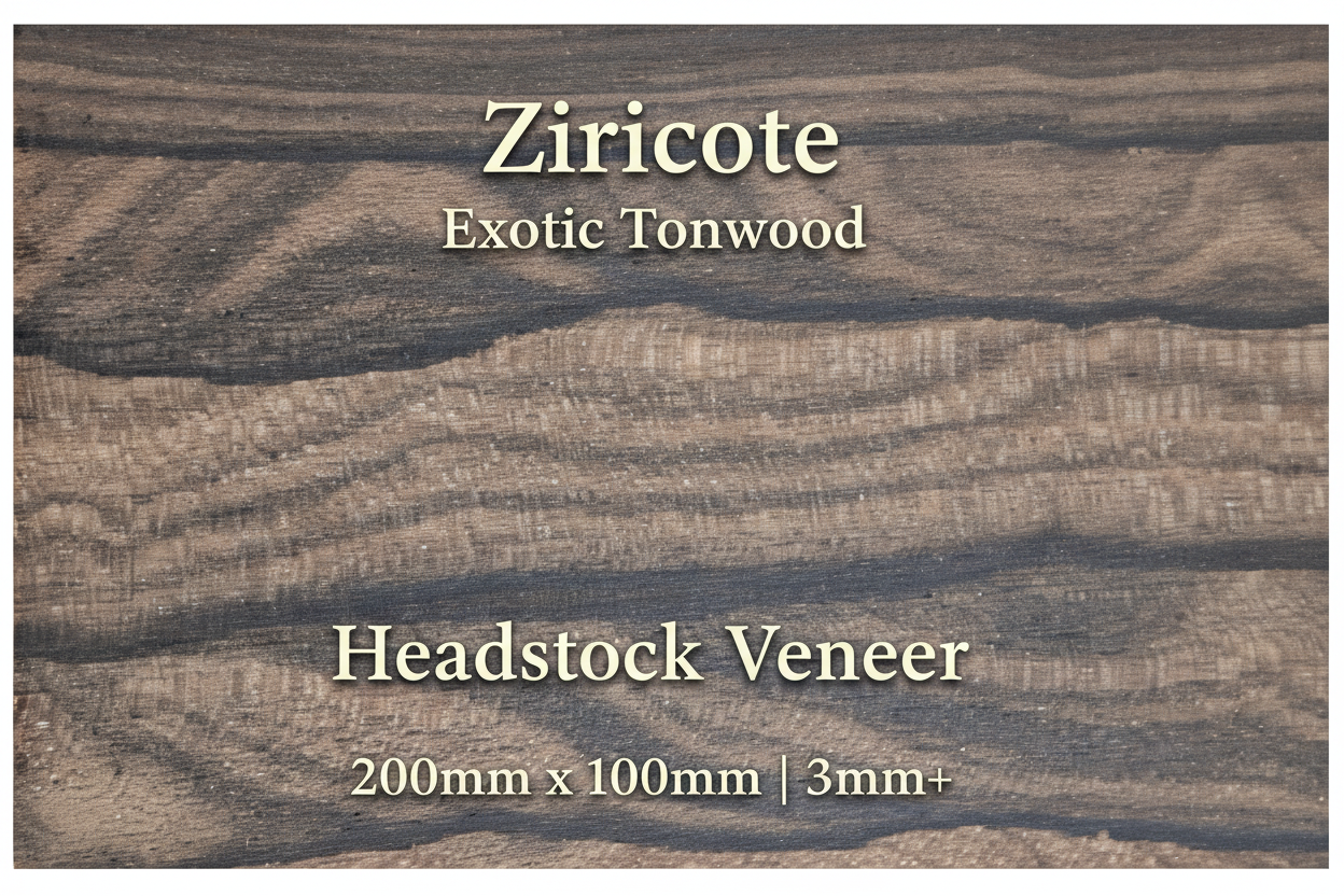 Ziricote Exotic Tonewood Headstock Veneer with Text Overlay